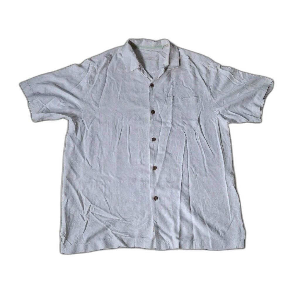 Tommy Bahama Silk Camp Shirt Mens M Cream Leaf Brocade Button Up Hawaiian Luxury